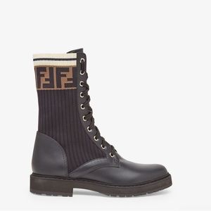 Fendi Rockoko Black leather biker boots with stretch fabric